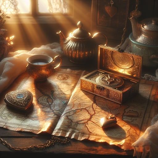 Good morning image of a gold-leaf map on a wooden table, with a heart-shaped locket and sunlight enhancing a romantic, adventurous setting.