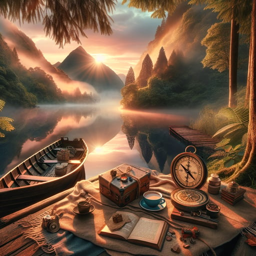 Good morning image showcasing a serene lake at sunrise, with a swaying boat, a hidden footpath, and hints of a romantic escape.