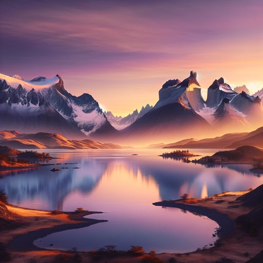 Tranquil lake with snow-capped mountains reflecting a soft pastel sunrise, capturing a serene and peaceful good morning image.