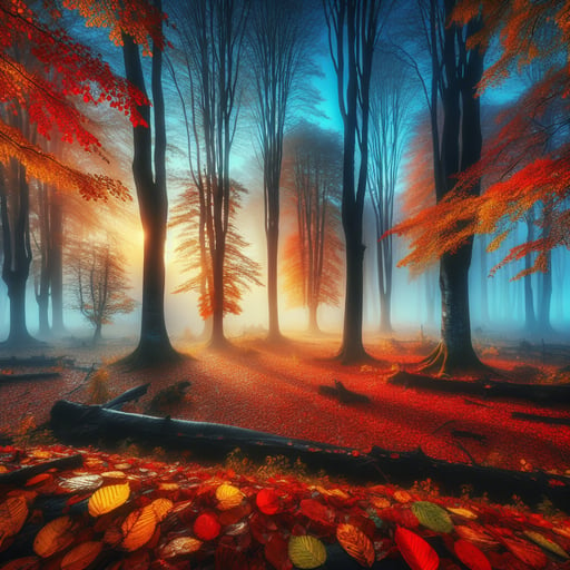 A serene, foggy autumn morning with a vibrant carpet of orange, red, and yellow leaves under a sky glowing with the first light of dawn. Good morning image.