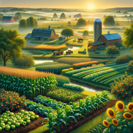 A serene good morning image of flourishing farms at dawn, featuring corn, wheat, sunflowers, apples, and a reflective stream.