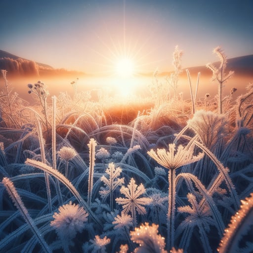 A pristine winter landscape at sunrise with a weak, enchanting sun casting sparkles over frost-covered foliage, good morning image.