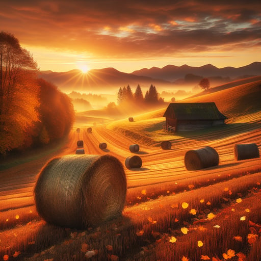 Serene good morning image of a harvested field with hay bales, a wooden barn, and a gentle sunrise.