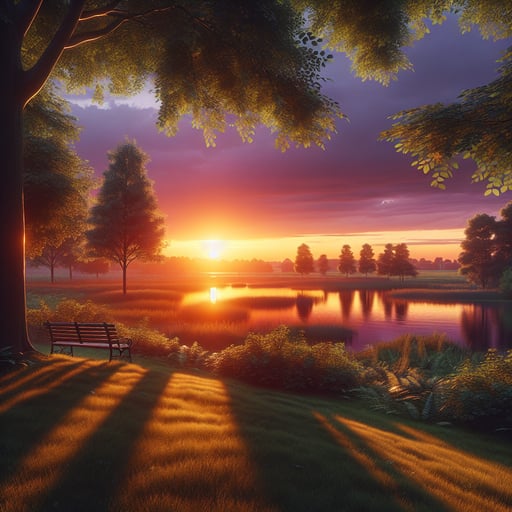 A serene summer morning image showcasing the first golden rays of sunlight illuminating a lush landscape, with an empty bench under a blooming tree beside a calm lake reflecting the sky's palette.