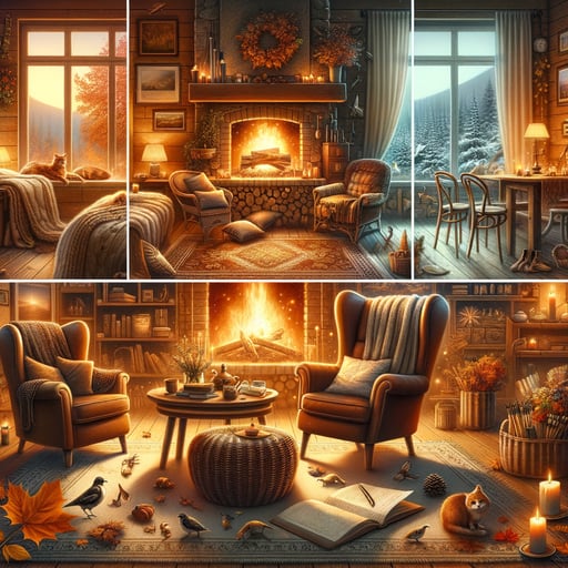 A serene good morning image displaying a cozy autumn room with armchairs and a warm fireplace, inviting relaxation.