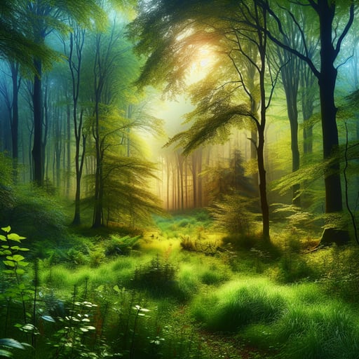 A good morning image of a vibrant, dense forest showcasing the peaceful and untamed beauty of nature.