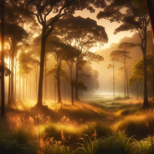 Good morning image of a serene forest landscape in the soft, golden light of dawn with lush, rustling trees