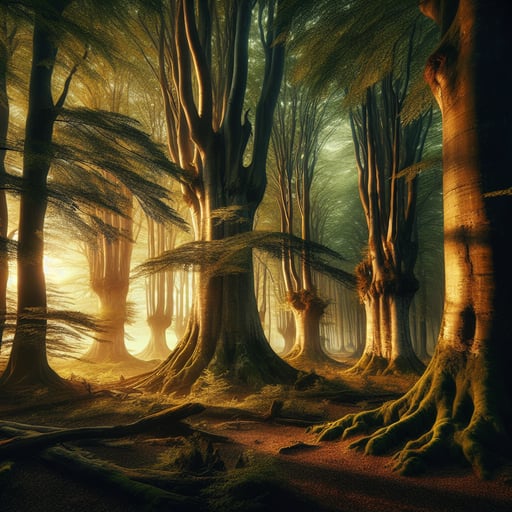 Majestic forests illuminated by morning light, ancient trees with expansive canopies, a peaceful good morning image