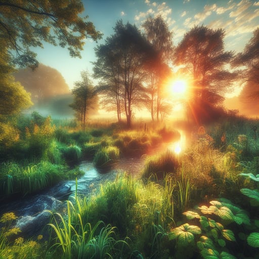 Radiant sunrise over a lush landscape, with a clear blue sky, white clouds, and a gentle stream embodying a perfect good morning image.