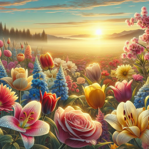 A peaceful morning landscape with dew-kissed flowers under a golden sky, featuring tulips, roses, lilies, and cherry blossoms.