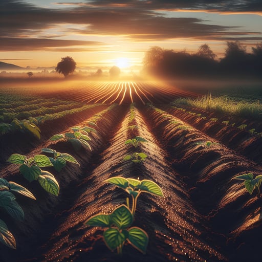 Early morning light bathes a fertile farm, soil rich and ready for growth, heralding a day full of potential and new beginnings in this good morning image.