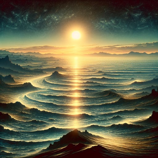 Vast oceans under a sunrise, reflecting light, embodying tranquility and mystery in this good morning image.