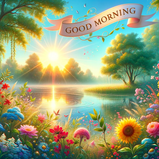 Radiant sunshine over tranquil lake with flourishing trees, blooming flowers, and 'Good Morning' banner.