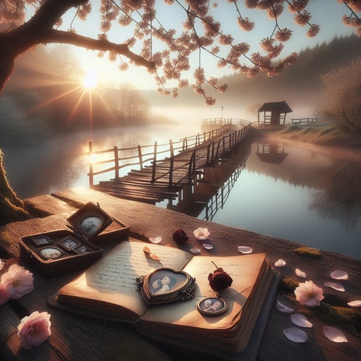 Serene good morning image of a landscape with a wooden footbridge, blooming cherry tree, and romantic tokens on a bench.