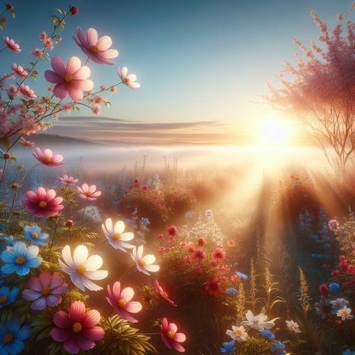 A good morning image featuring radiant flowers in full bloom under the soft light of the rising sun with a clear blue sky.