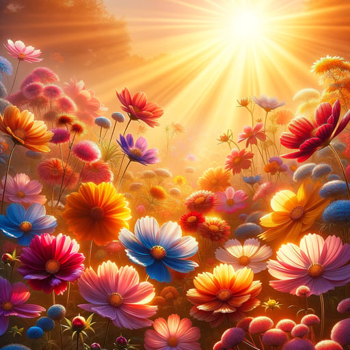 A serene good morning image of radiant flowers glistening with dew, bathed in the soft light of a rising sun.