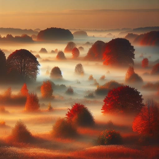 A serene autumnal morning landscape, trees adorned in red and gold under a soft, glowing sunrise with dew-kissed grass, good morning image.