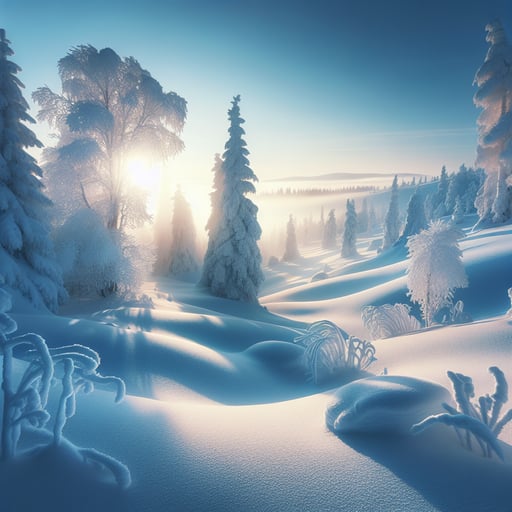 Serene winter landscape under a soft morning glow, with untouched snow, creating a perfect good morning image