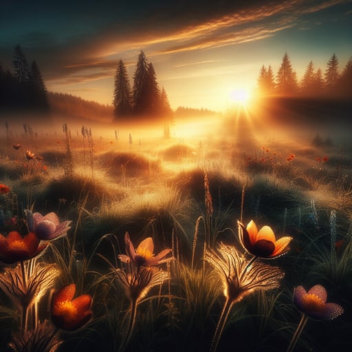 A peaceful sunrise over a dewy meadow, with blooming flowers and whispering trees, embodying an invigorating good morning image