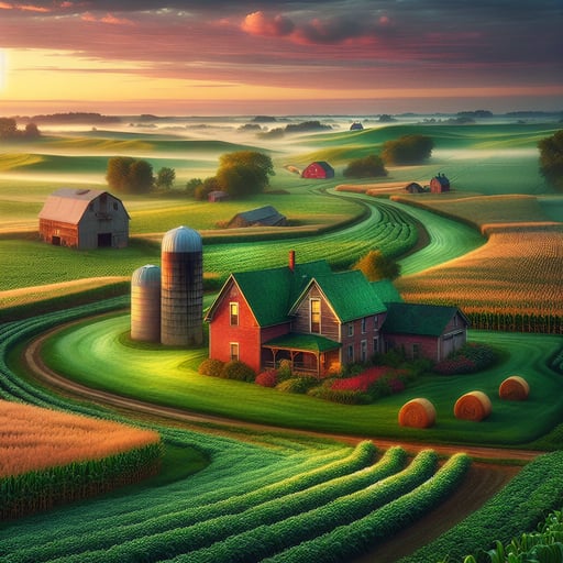 Serene good morning image of a tranquil farm landscape with no people, gleaming with the first light of dawn.