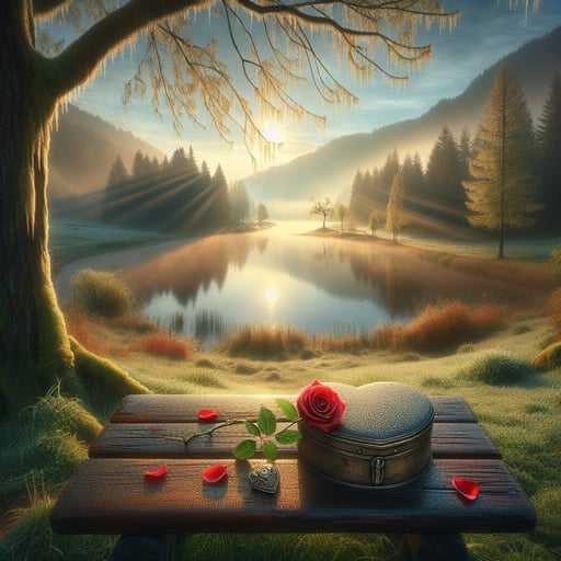 Serene morning scene with a solitary bench by a tranquil lake, symbolizing romantic memories with a lone red rose, good morning image.