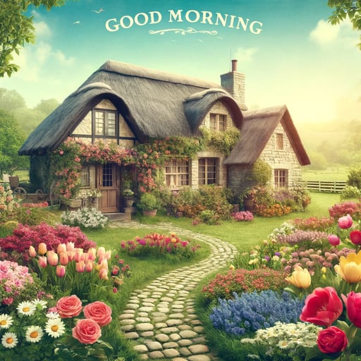 A picturesque good morning image depicting a stone cottage with a thatched roof, nestled within a garden of roses, tulips, and daisies.