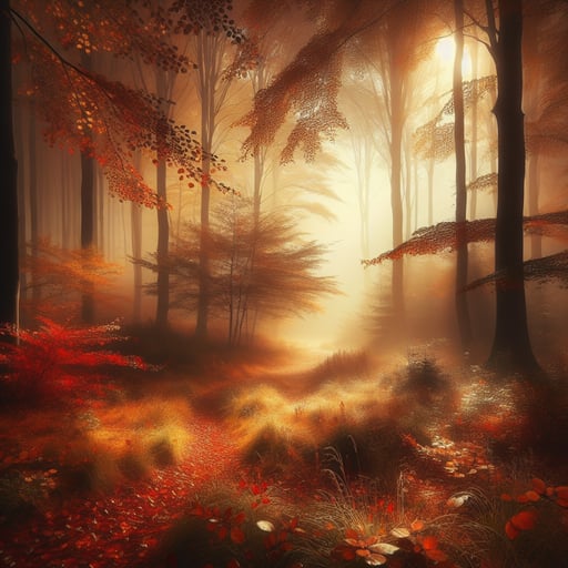 A serene good morning image of an autumn forest with golden leaves gently carpeting the earth and a soft mist in the distance.