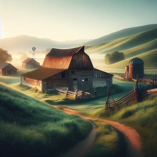 A serene and timeless morning scene in the countryside with aged barns and rolling green hills under a rising sun, good morning image