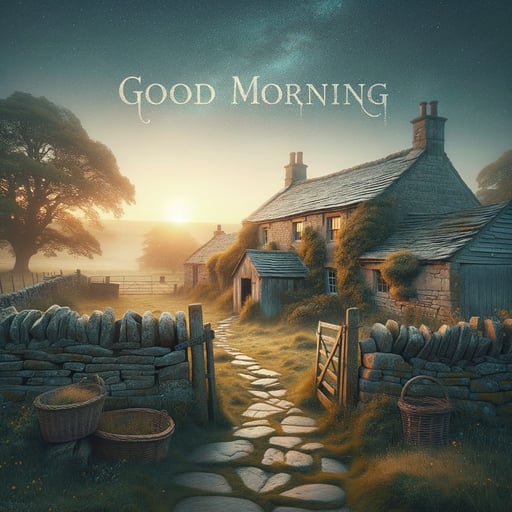 A serene good morning image of a dawn breaking over a rustic countryside with an old barn and stone pathways.