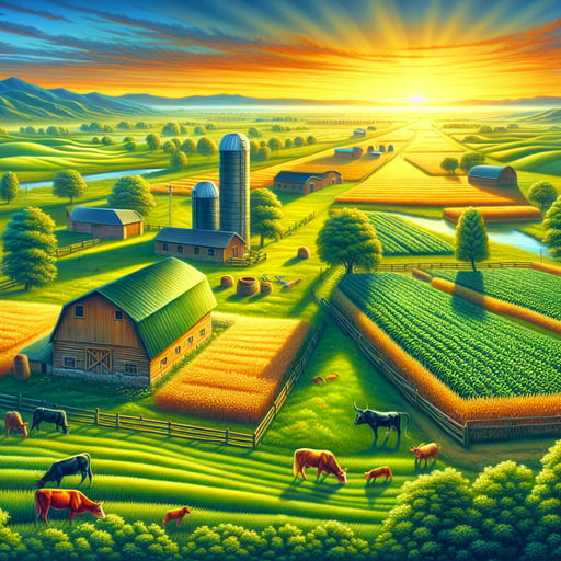 Vibrant morning farms stretching to the horizon, barns and silos strong against a sunny backdrop, good morning image.