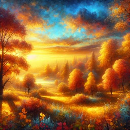 Good morning image capturing the essence of a golden autumn morning, where sunlight bathes the colorful landscape in warmth.