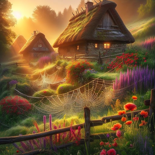 An enchanting good morning image of serene stone cottages with thatched roofs amidst a vibrant, dewy garden at sunrise.