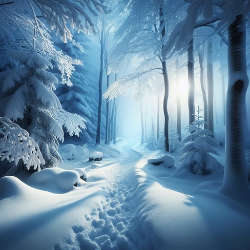 Serene winter morning with a snow-covered pathway through a tranquil forest, perfect for a peaceful walk, good morning image