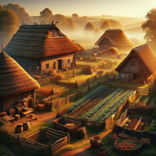A tranquil traditional farm at sunrise, with thatched-roof barns and a lush vegetable patch, embodying the essence of a good morning image.