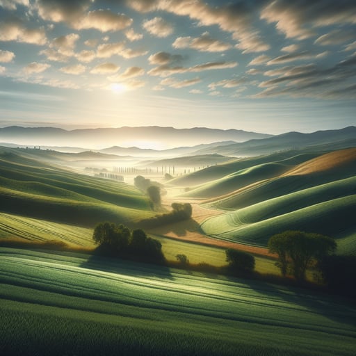 Serene countryside vista at sunrise, featuring expansive green hills under a vibrant morning sky, perfect as a good morning image.