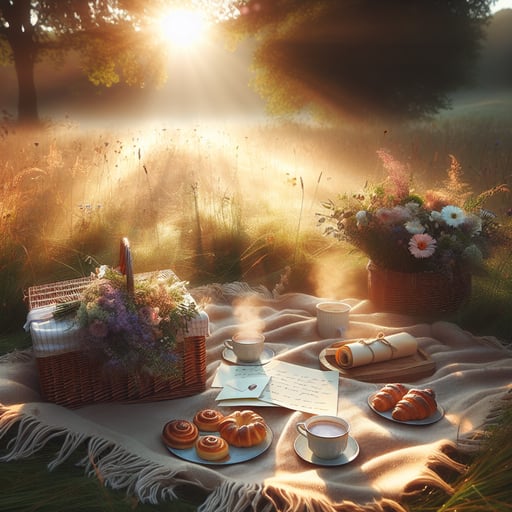 A serene good morning image with a beautifully arranged picnic setting, featuring a love letter, pastries, and steaming hot cocoa, amid a peaceful landscape.