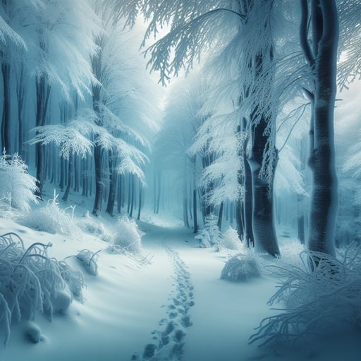 A peaceful winter morning in a forest with snow-covered paths and trees, ideal for a good morning image