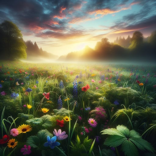 A serene morning in a lush meadow, abundant with colorful wildflowers under the gentle dawn light, embodying a perfect good morning image.
