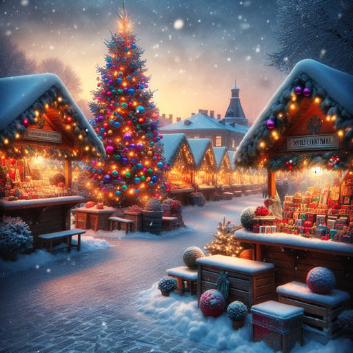 Good morning image of a winter scene with a festive square, a decorated spruce tree, and gentle snowflakes.