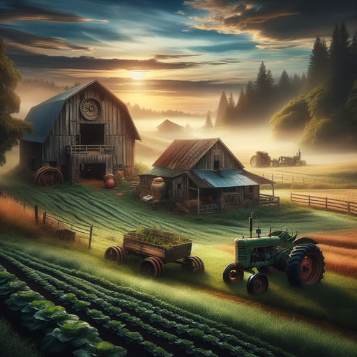 A serene farm scene in the early morning with a rustic barn, well-tended fields, and an old tractor under a misty dawn sky, embodying a peaceful good morning image.