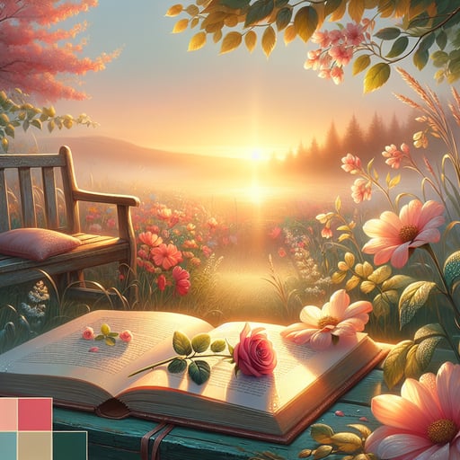 A good morning image showing a sunrise with dew-kissed flowers, a rustic bench, a book, and a rose symbolizing a love story.