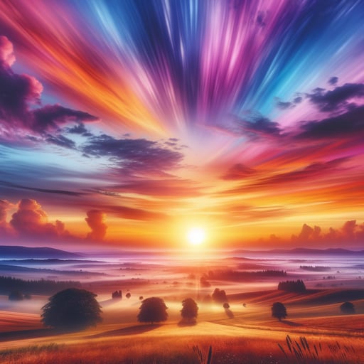 A serene good morning image of a summer sunrise with vibrant orange, pink, and purple hues illuminating the sky.