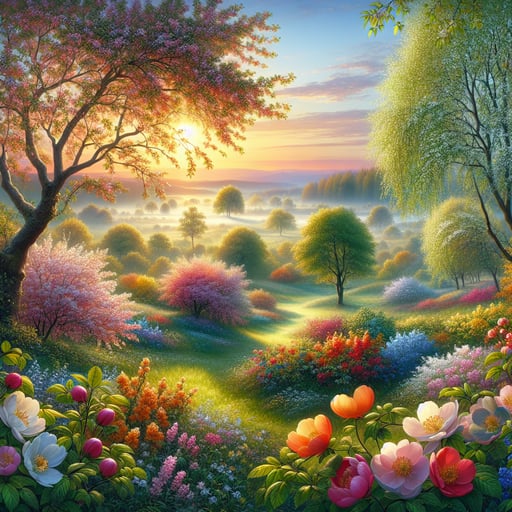 Good morning image showing an early spring scene with blooming flowers, leafy trees, dew drops, and a rising sun.