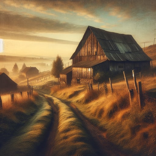 Rustic countryside landscape image, bathed in the calm of the morning, depicting an untouched peaceful rural idyll as a good morning image