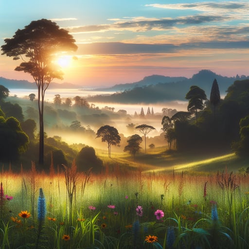 A serene good morning image with lush green trees, dew-kissed grass, vibrant wildflowers, and a foggy sunrise.