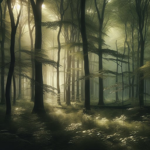 A tranquil forest at dawn with softly glowing light filtering through the leaves, ideal for a peaceful good morning image.