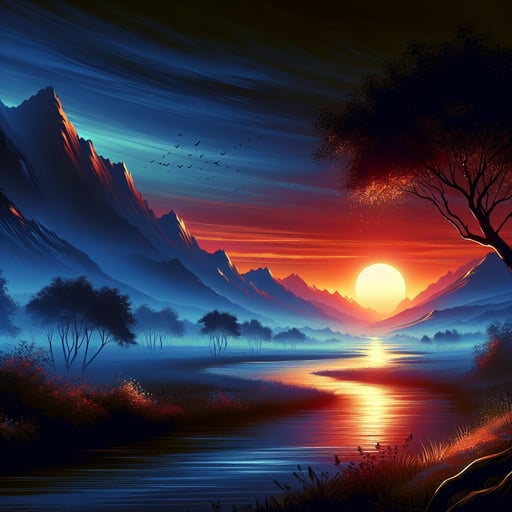 Good morning image of a beautiful dawn displaying a vivid sky transitioning from night to dawn over a scenic landscape with mountains and a flowing river, symbolizing love and new beginnings.