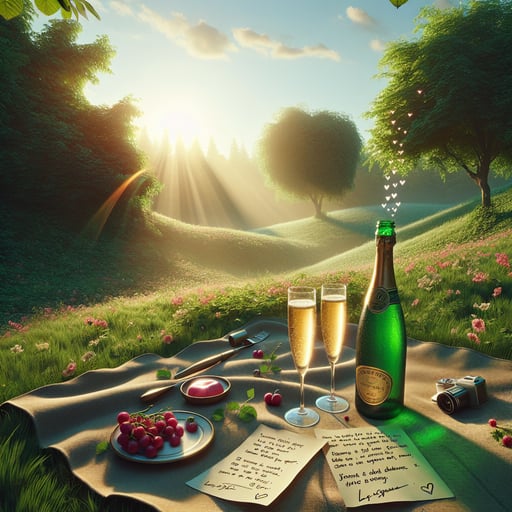 A sunlit, joyous morning scene with a romantic picnic setup signifying laughter and happiness, good morning image.