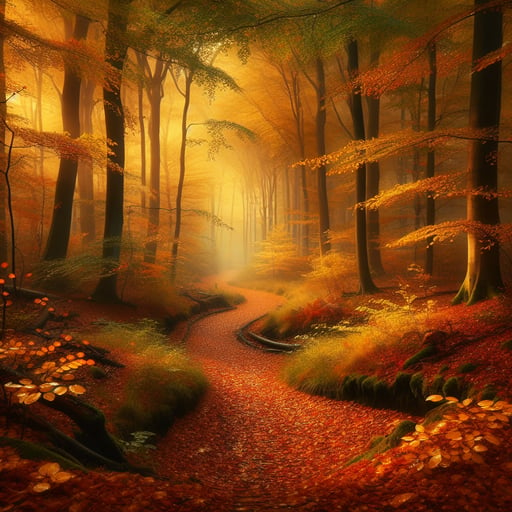 A good morning image showcasing a tranquil autumn landscape with golden and red leaves carpeting a forest path, softly lit by dawn.