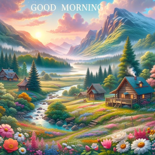 Rustic cottages, gentle mountains, and rivers amidst forests and meadows at dawn, good morning image.